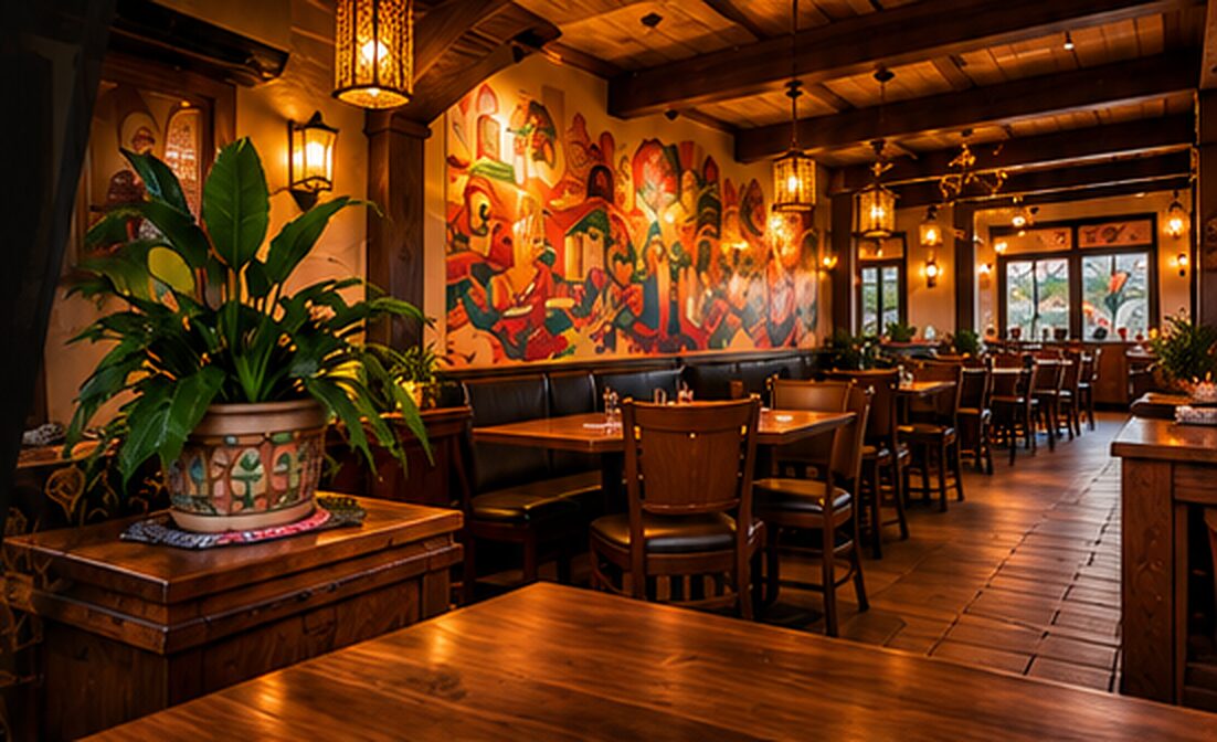 Warm dining room with wood tables, lanterns and a colorful mural
